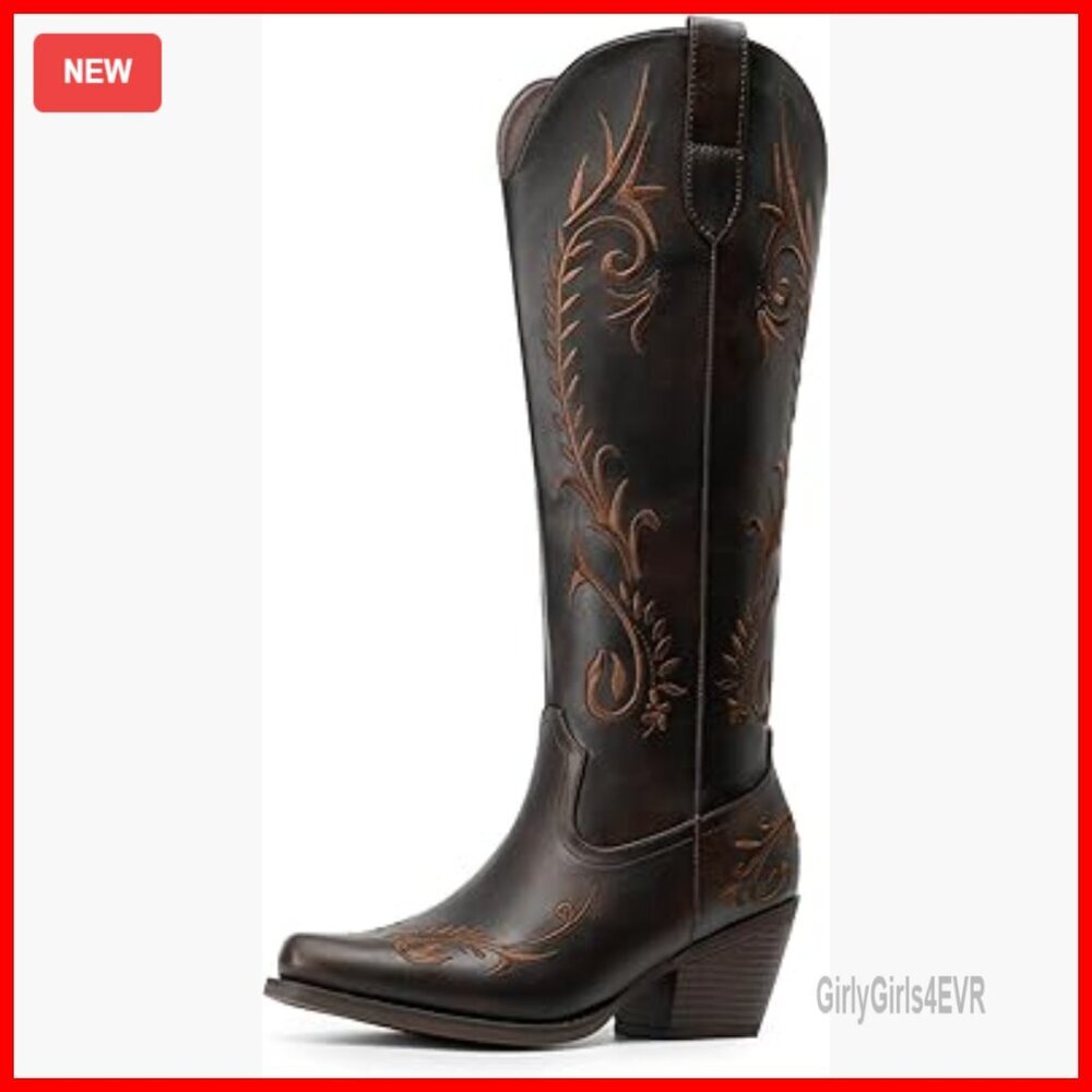 Women's Knee High Cowboy Boots Embroidered Square Toe Western Comfort